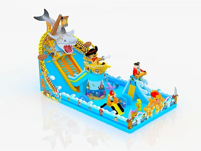 Inflatable Pirate Theme Kids Play Equipment With Shark Slide And Ocean Elements Design 3d model