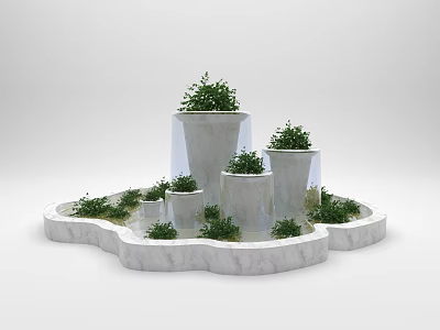 Tiered Garden Ornament With White Planters Green Plants And Water Feature 3d model