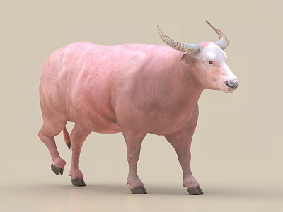 3D Rendered Pink Bull With Curved Horns On Beige Backdrop 3d model