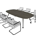 Oval Dark Gray Wooden Conference Table With Six Gray Chairs In Modern Office