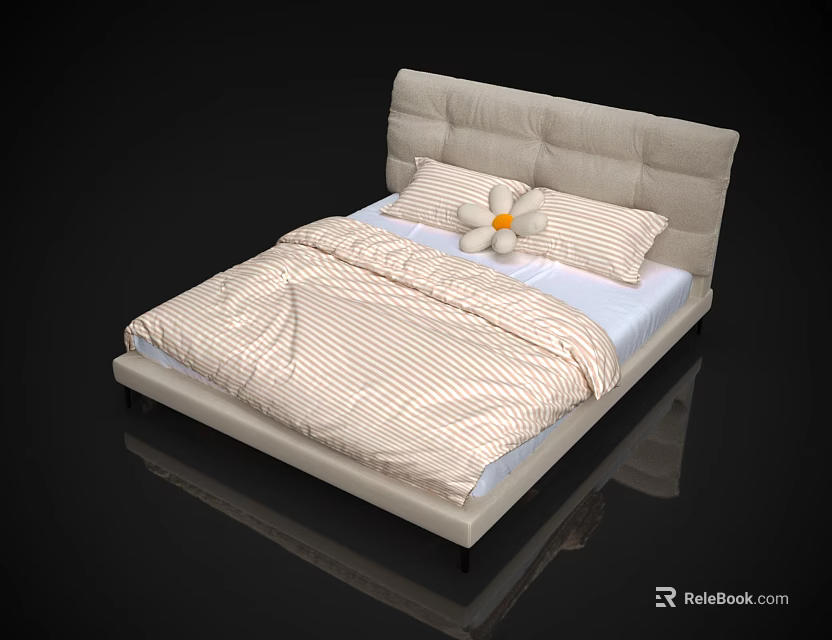 Comfortable Upholstered Double Bed with Striped Bedspread and Flower Accent Pillow 3d model 