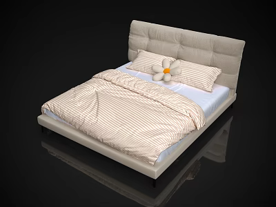 Comfortable Upholstered Double Bed with Striped Bedspread and Flower Accent Pillow 3d model
