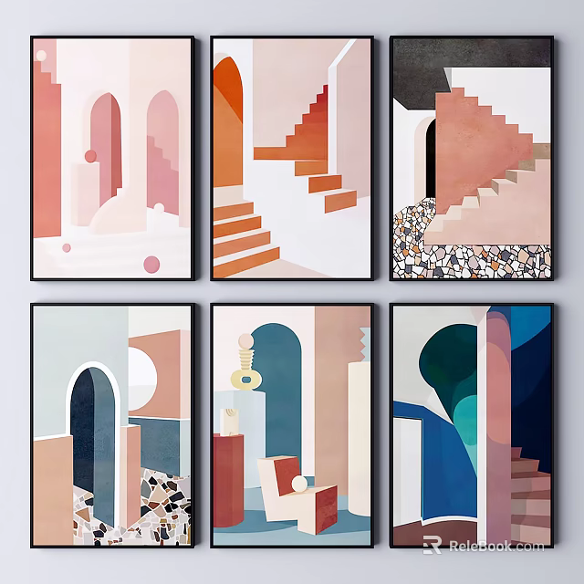 Modern Geometric Art Prints With Abstract Shapes Arch And Staircase Elements For Interior Decor 3d model 