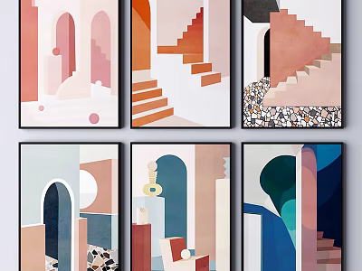 Modern Geometric Art Prints With Abstract Shapes Arch And Staircase Elements For Interior Decor 3d model