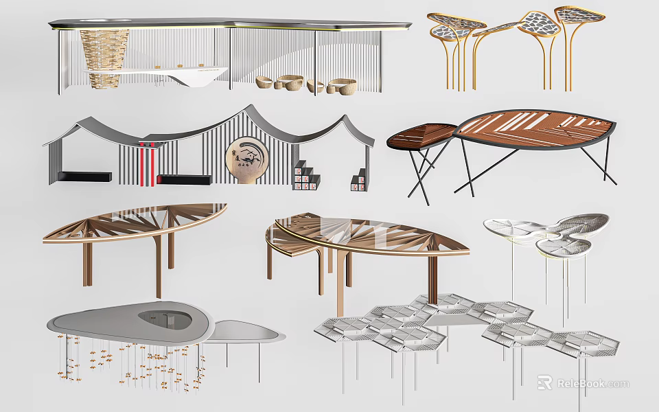 Modern Pergola Designs Featuring Wooden Frames Curved Roofs And Seating Elements 3d model 