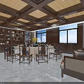 Chinese Style Private Dining Room With Wooden Ceiling Round Table And Windows 3d model