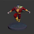 Game Movie Character in Red and Yellow Costume with Cape Jumping on Blue Glowing Base