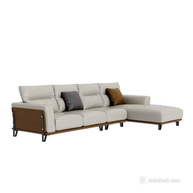 Modern Sectional Sofa With Light Beige Upholstery Accent Pillows And Wooden Metal Legs 3d model 
