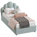 Light Green and Gray Single Bed with Upholstered Headboard Patterned Sheets Pillows and Blankets 3d model