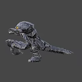 Game Movie Monster Character With Armored Head And Glowing Yellow Eyes Striped Body