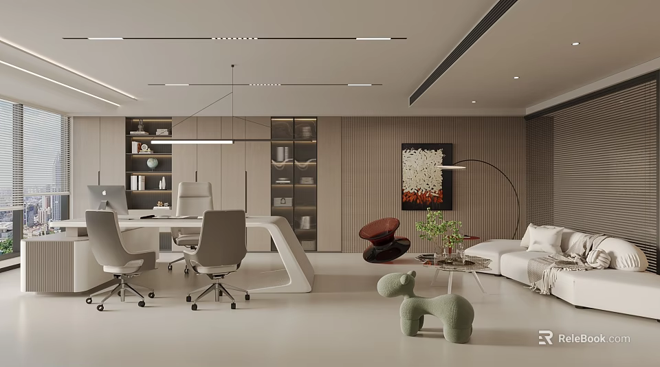 Modern Office Interior Design with Desk Chairs Bookshelf Sofa Area Green Plant and Floor Lamp 3d model 