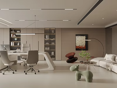 Modern Office Interior Design with Desk Chairs Bookshelf Sofa Area Green Plant and Floor Lamp 3d model