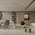 Modern Office Interior Design with Desk Chairs Bookshelf Sofa Area Green Plant and Floor Lamp