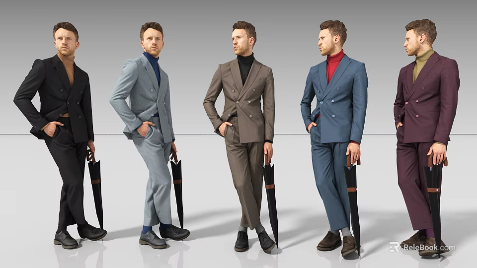 Men in Different Colored Suits Posing with Black Umbrellas Against Grey Background 3d model 