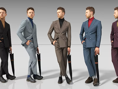 Men in Different Colored Suits Posing with Black Umbrellas Against Grey Background 3d model