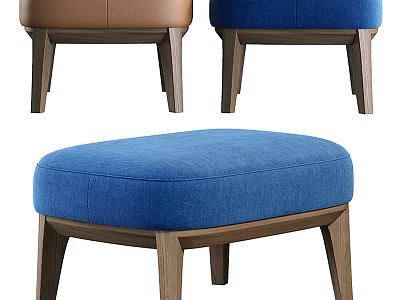 Modern Upholstered Ottoman Stools With Blue Brown Fabric And Wooden Legs 3d model