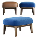 Modern Upholstered Ottoman Stools With Blue Brown Fabric And Wooden Legs