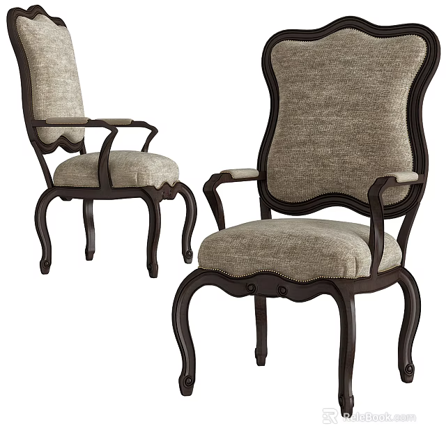 Vintage Armchair Interior Design With Beige Fabric Upholstery And Dark Wood Armrests 3d model 