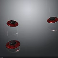 Three Red Circular Reflective Spacecraft With Black Center Suspended In Dark Cosmic Background
