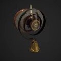 Vintage Wooden Circular Household Item With Decorative Gold Bell And Metal Accents