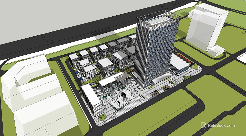 Modern Tall Office Building With Surrounding Low Rise Structures And Landscaped Area 3d model 
