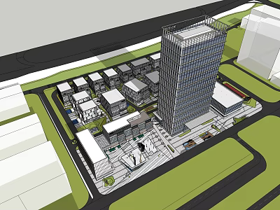 Modern Tall Office Building With Surrounding Low Rise Structures And Landscaped Area 3d model