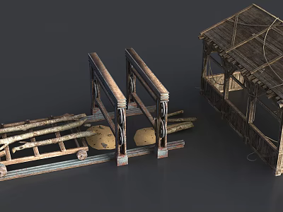 Cartoon Scene With Whimsical Wooden Hut Bridge And Stacked Logs In Rustic Setting 3d model