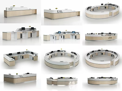 Modern Reception Desk Designs With Various Shapes Wooden White Surfaces And Computer Monitors 3d model
