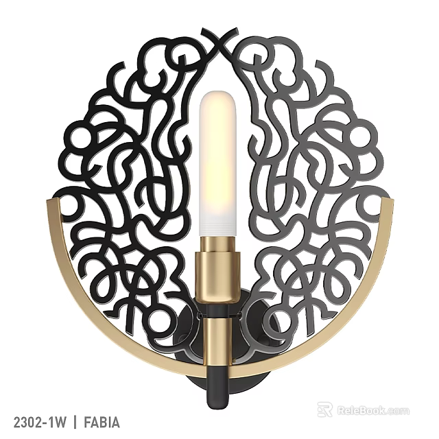 Modern Wall Lamp With Intricate Black Filigree Design And Gold Base Illuminated Bulb 3d model 
