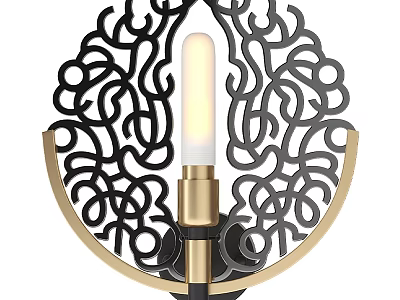 Modern Wall Lamp With Intricate Black Filigree Design And Gold Base Illuminated Bulb 3d model