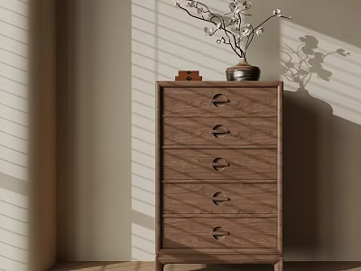 Wooden Entryway Side Cabinet With Drawers And Vase On Top In Natural Light Shadows 3d model