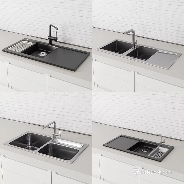 Modern Kitchen Sink Designs With Double Bowl Drainer And Faucet In White Cabinets 3d model 