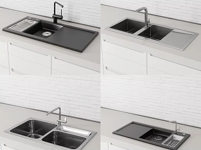 Modern Kitchen Sink Designs With Double Bowl Drainer And Faucet In White Cabinets 3d model