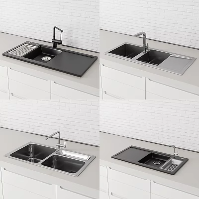 Modern Kitchen Sink Designs With Double Bowl Drainer And Faucet In White Cabinets 3d model