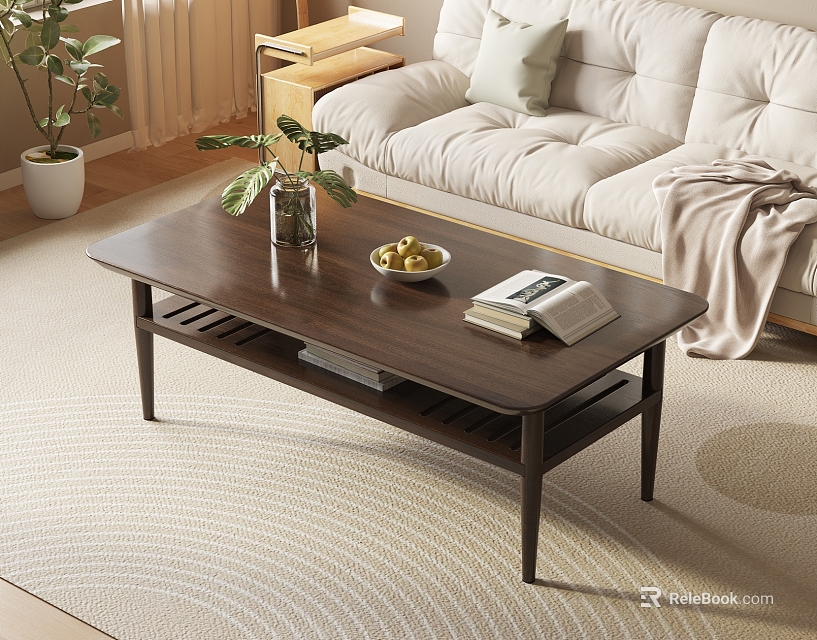 Dark Wooden Coffee Table with Vase Plant Fruit Bowl and Books in Cozy Living Room 3d model 