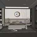 Modern Bedroom Interior With Beige Bed Circular Wall Art Pendant Light And Accent Chair