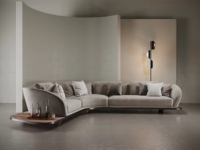 Elegant Modern Interior With Irregular Shaped Linen Sofa Curved Wall And Floor Lamp 3d model