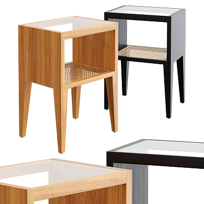Modern Side Table With Natural Wood Frame Rattan Shelf And Glass Top Design 3d model