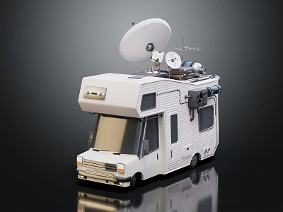 Detailed White RV Exterior View With Roof Satellite Dish And Mounted Equipment 3d model