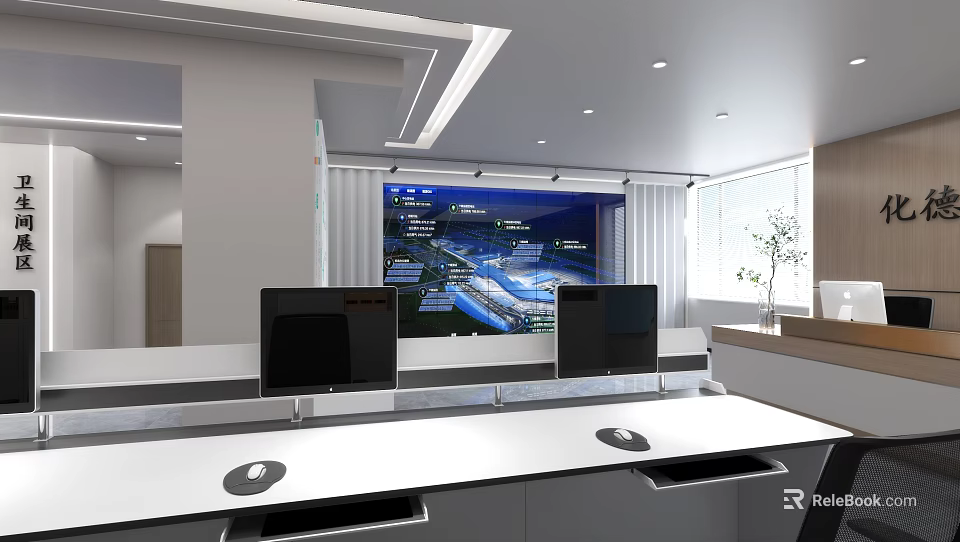 Modern Office Monitoring Room Interior With Large Screen And Computer Desks 3d model 