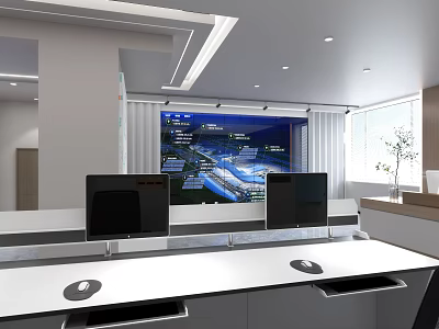 Modern Office Monitoring Room Interior With Large Screen And Computer Desks 3d model
