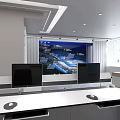 Modern Office Monitoring Room Interior With Large Screen And Computer Desks