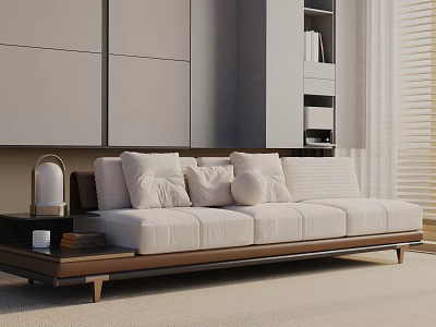 Modern Three Seater Sofa With Light Cushions Wooden Base And Pillows In Stylish Interior 3d model