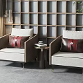Casual Sofa Set Two Beige Chairs with Red Brown Accent Pillows and Round Side Table 3d model