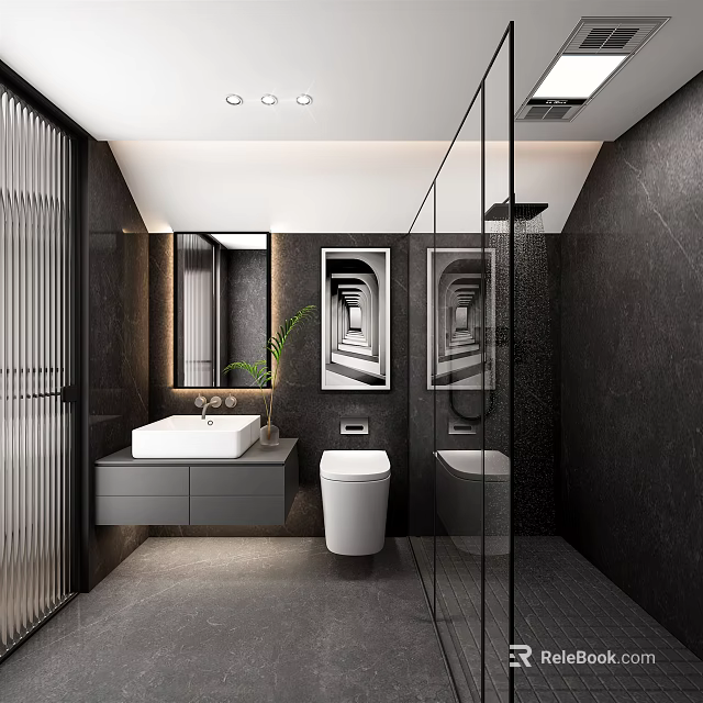 Modern Dark Minimalist Bathroom Interior With Floating Vanity Smart Toilet And Clear Glass Shower Enclosure 3d model 