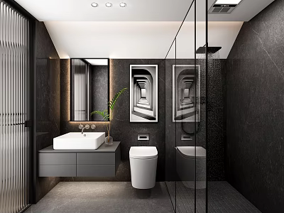 Modern Dark Minimalist Bathroom Interior With Floating Vanity Smart Toilet And Clear Glass Shower Enclosure 3d model