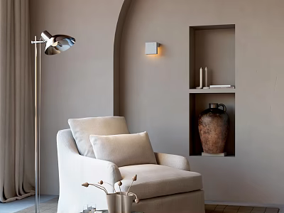 Modern Beige Single Sofa Interior With Floor Lamp Wall Lamp And Wall Niche Clay Jar 3d model