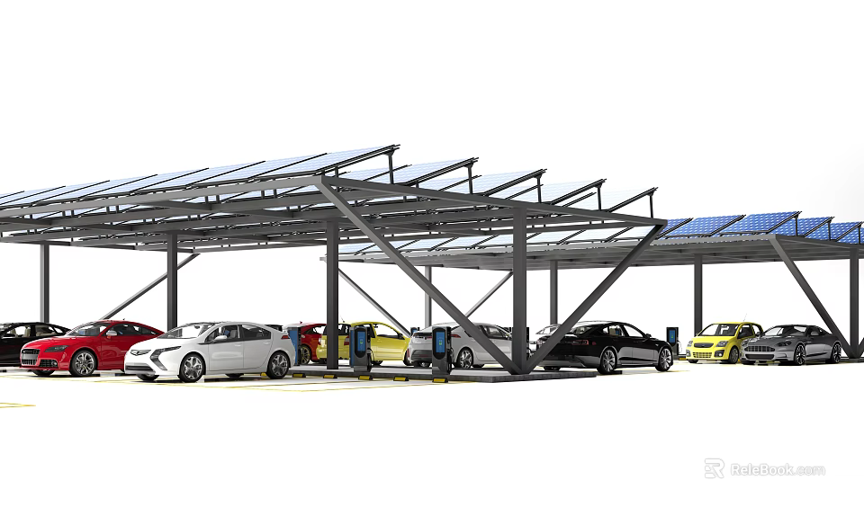 Solar Carport Structure With Solar Panels And Parked Cars 3d model 