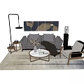 Modern Gray Sofa and Coffee Table Set with Armchair Floor Lamp and Wall Art