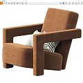 Modern Brown Upholstered Armchair With Wide Armrests And Geometric Pattern Cushions